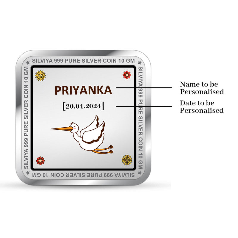 Backside view of square 999 pure silver baby girl keepsake coin with polished finish.