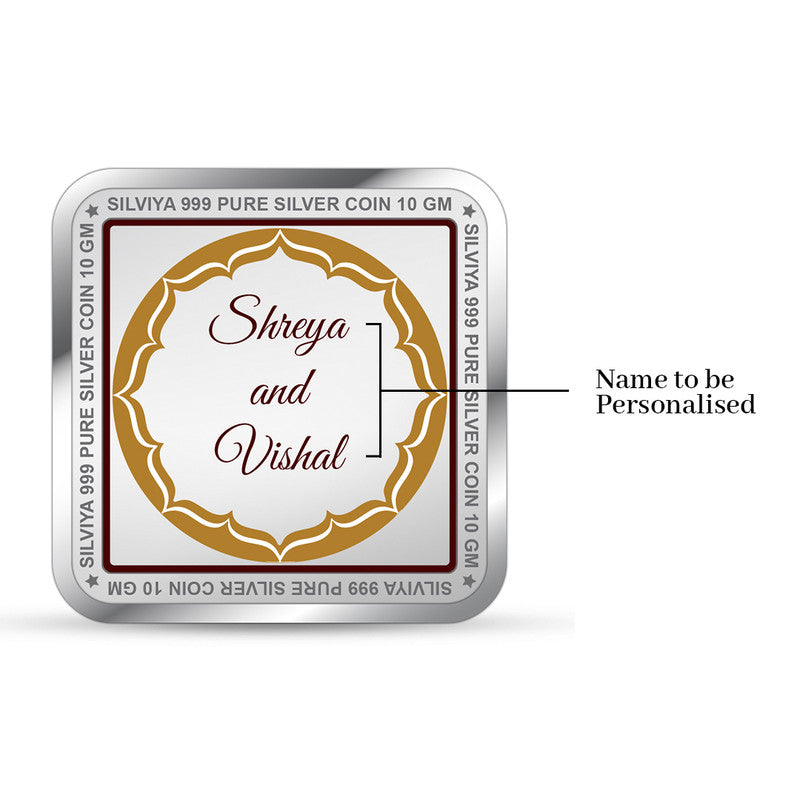 Back view of personalized 999 pure silver square coin with wedding message and heart design