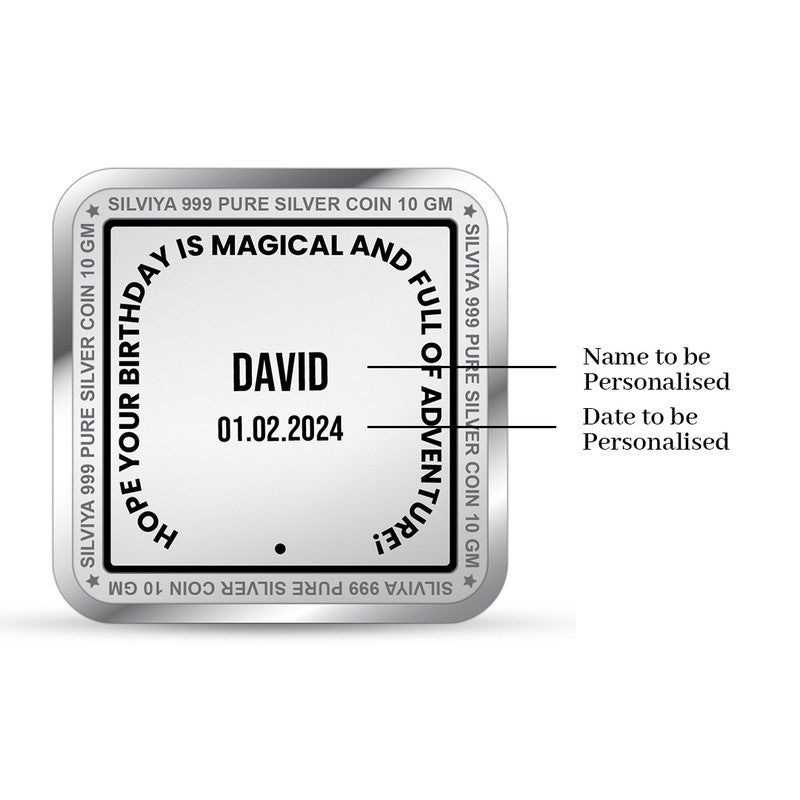 Backside view of square 999 pure silver coin with polished finish.