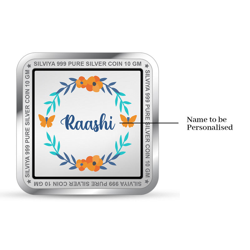 Backside view of square 999 pure silver Baby’s First Treasure coin with polished finish.