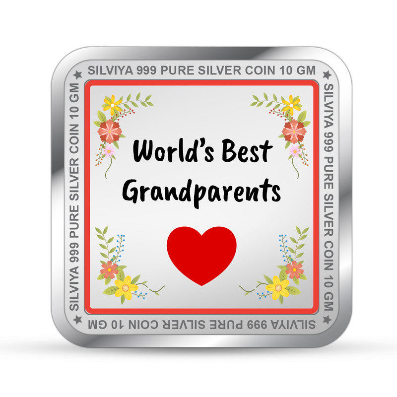 Backside view of square 999 pure silver Best Grandparents coin with polished finish.