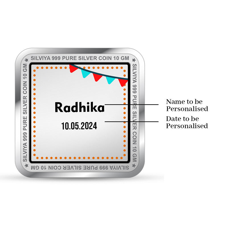 Backside view of square 999 pure silver coin with polished finish.