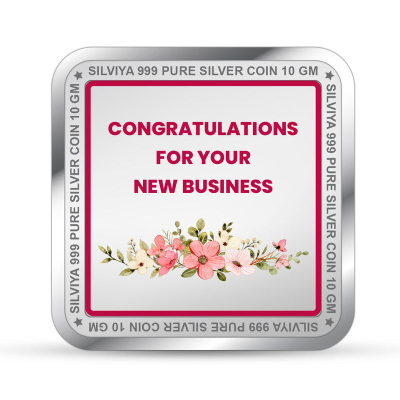 Backside view of square 999 pure silver new office inauguration coin with polished finish.