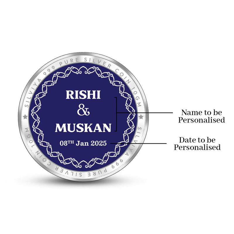 Close-up of personalized 999 pure silver round coin — elegant customized wedding keepsake backside.