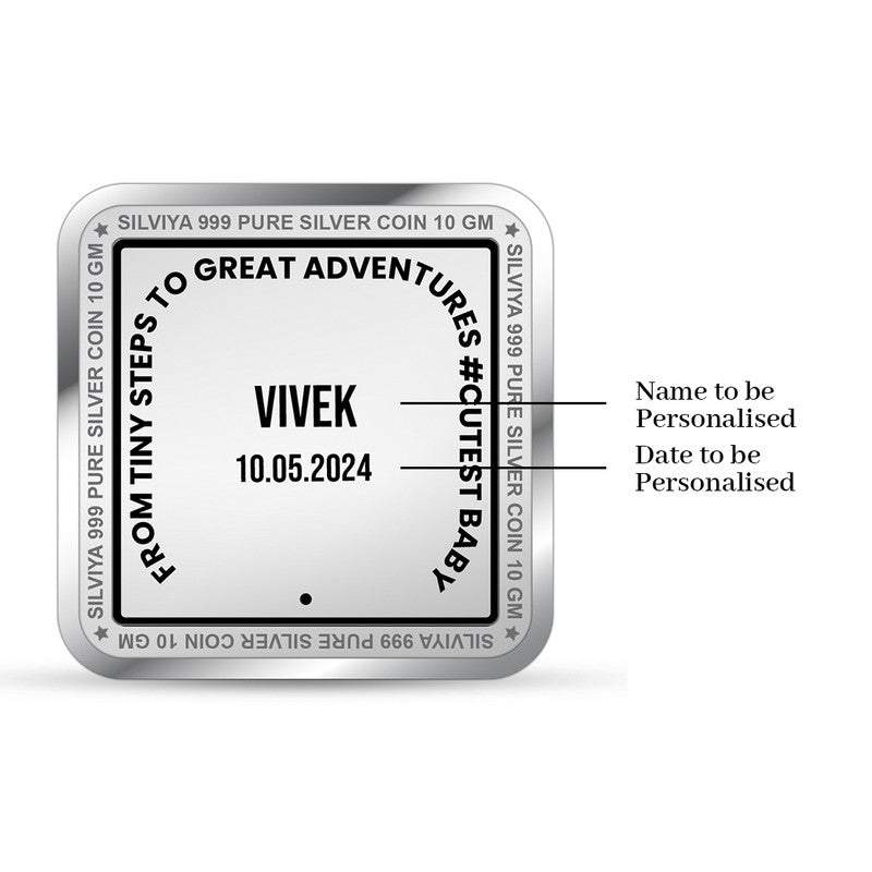 Backside view of square 999 pure silver Bundle of Joy coin with polished finish.