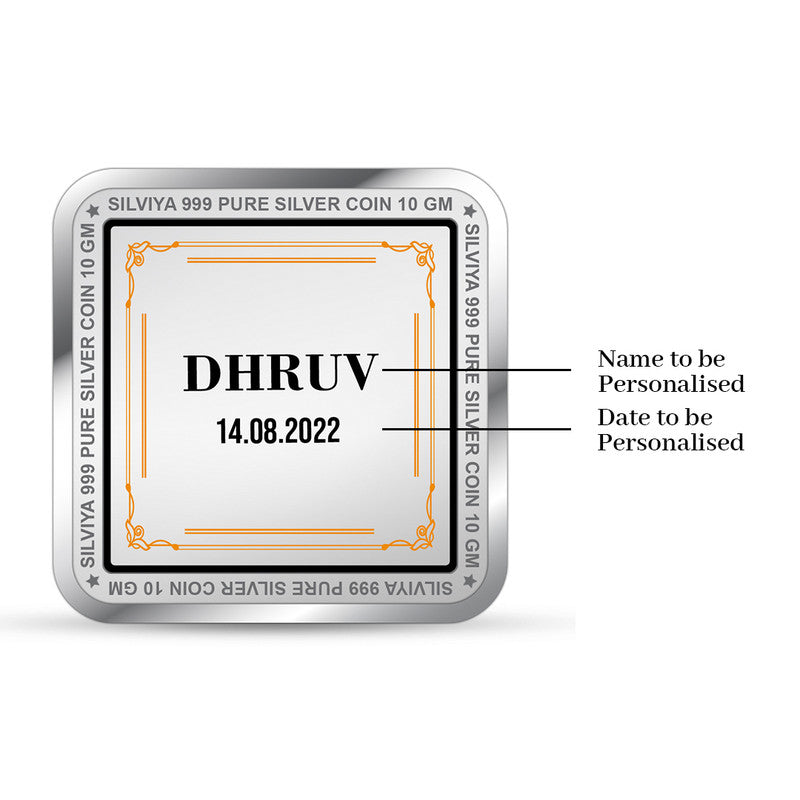 Backside view of square 999 pure silver Pure Joy new baby coin with polished finish.