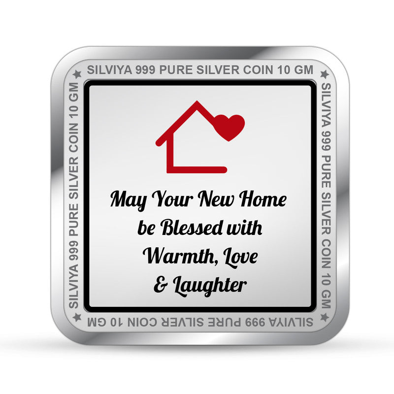 Backside view of square 999 pure silver house inauguration coin with polished finish.