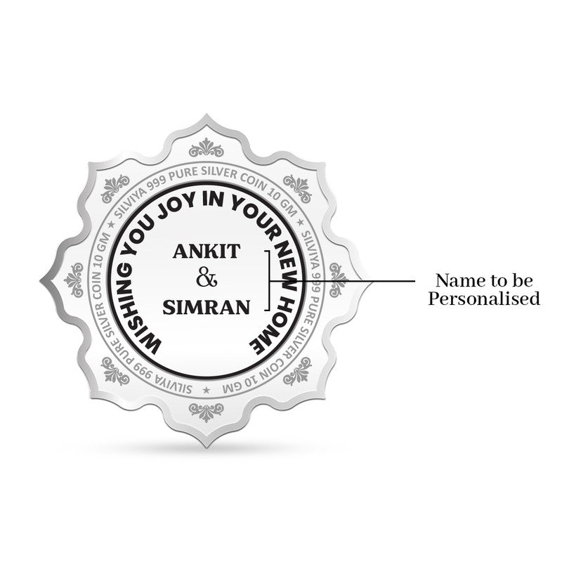 Backside view of lotus-shaped 999 pure silver house inauguration coin with polished finish.