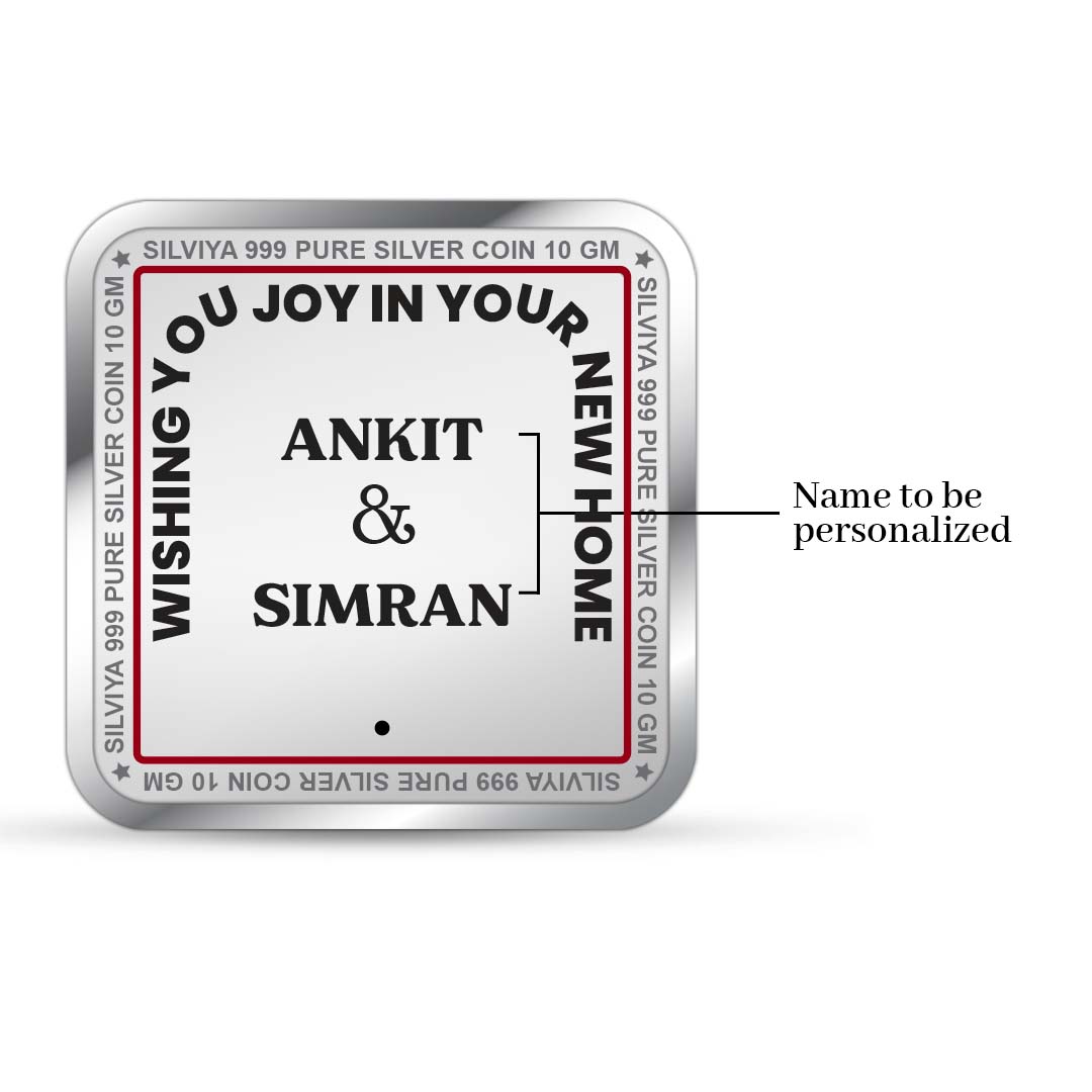 Backside view of square 999 pure silver house inauguration coin with polished finish.