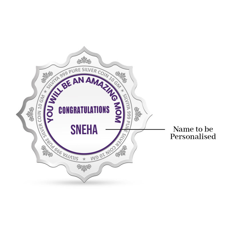 Backside view of lotus-shaped 999 pure silver baby shower coin with polished finish.