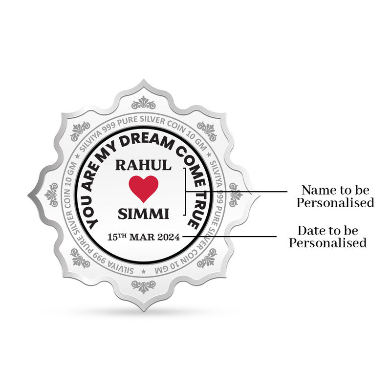 Back side of customized 999 pure silver lotus coin with wedding message and heart icon