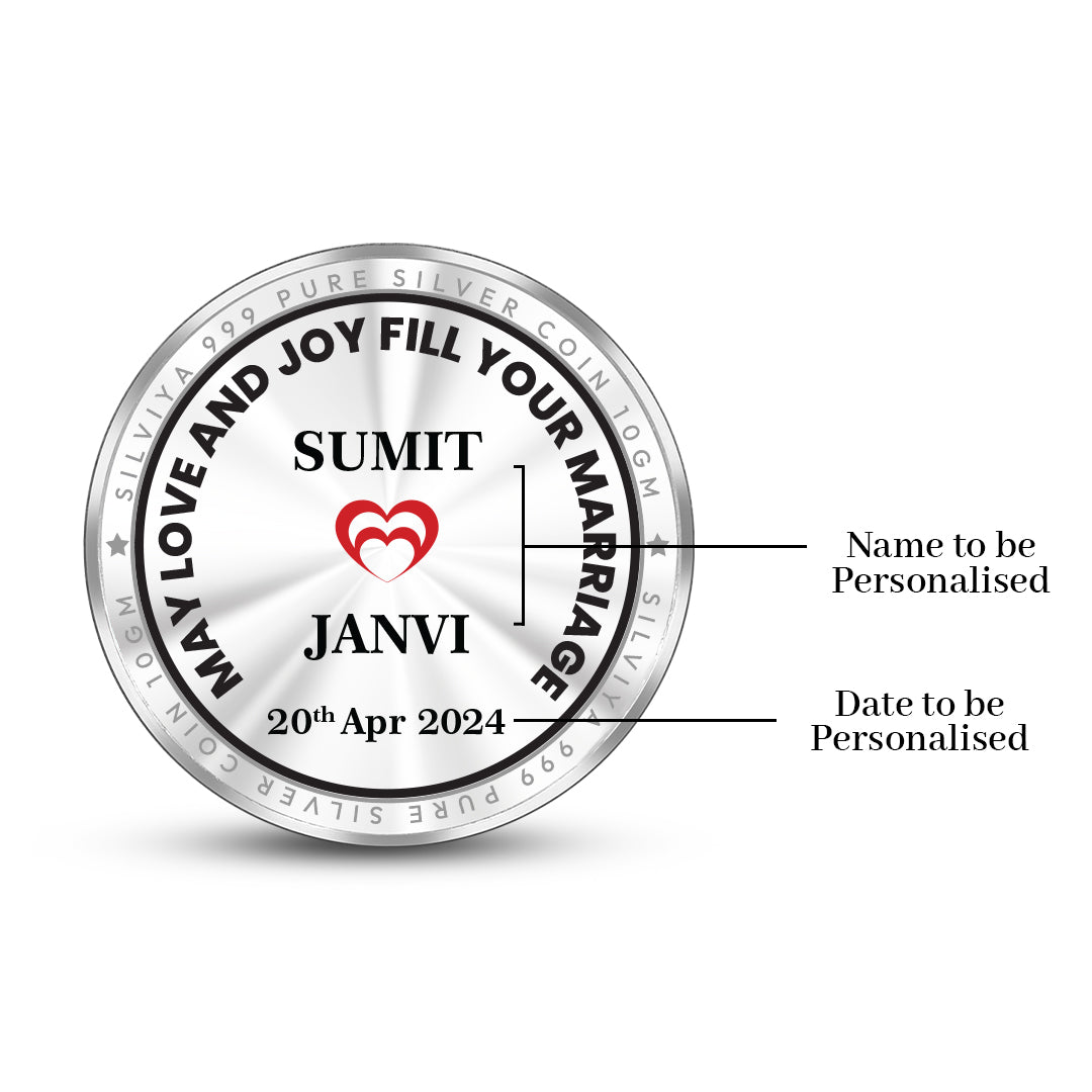 Back view of personalized 999 pure silver round coin featuring congratulation message and heart icon