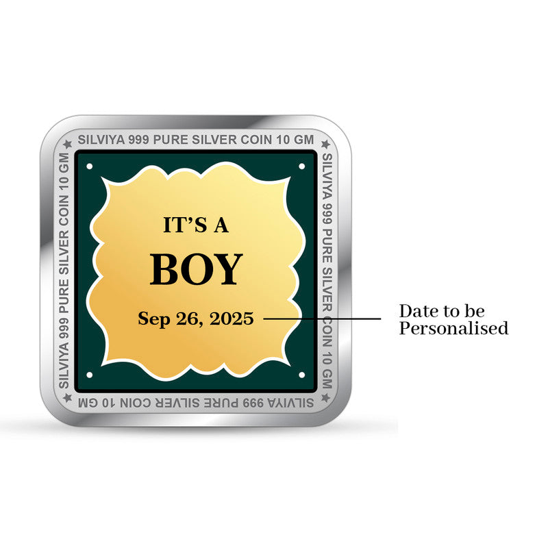 Backside view of square 999 pure silver baby boy keepsake coin with polished finish.