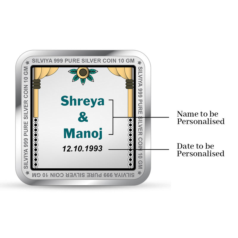 Back view of customized 999 pure silver square coin featuring wedding message and heart icon