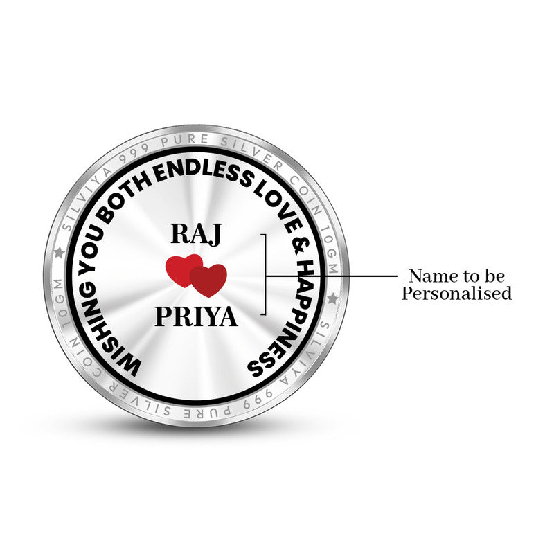 Back side of 999 pure silver round wedding memento coin with special wedding message and heart symbol