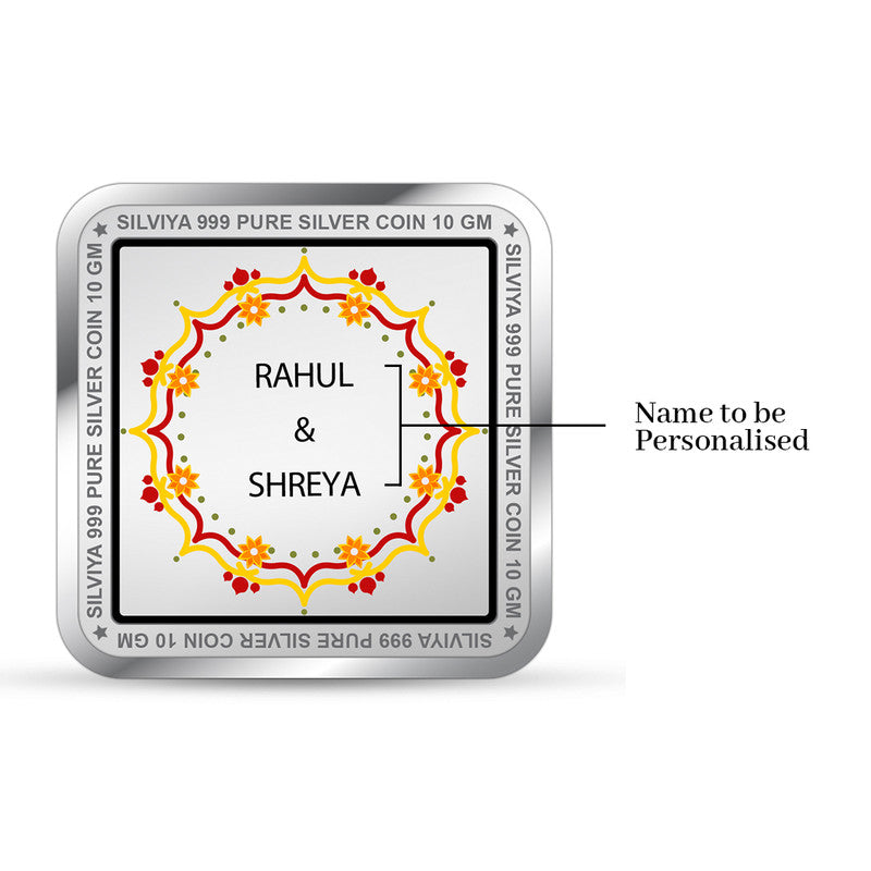 Close-up view of Make the Moment square 999 pure silver coin — personalized wedding keepsake backside.