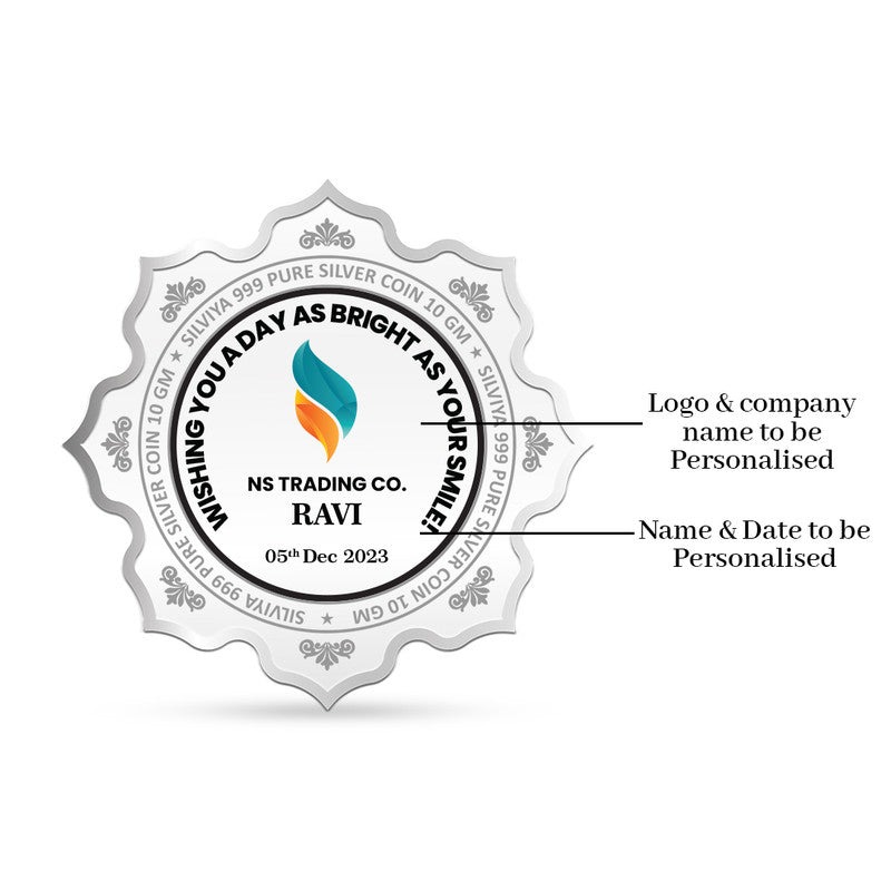 Backside of lotus-shaped 999 pure silver coin with polished finish.