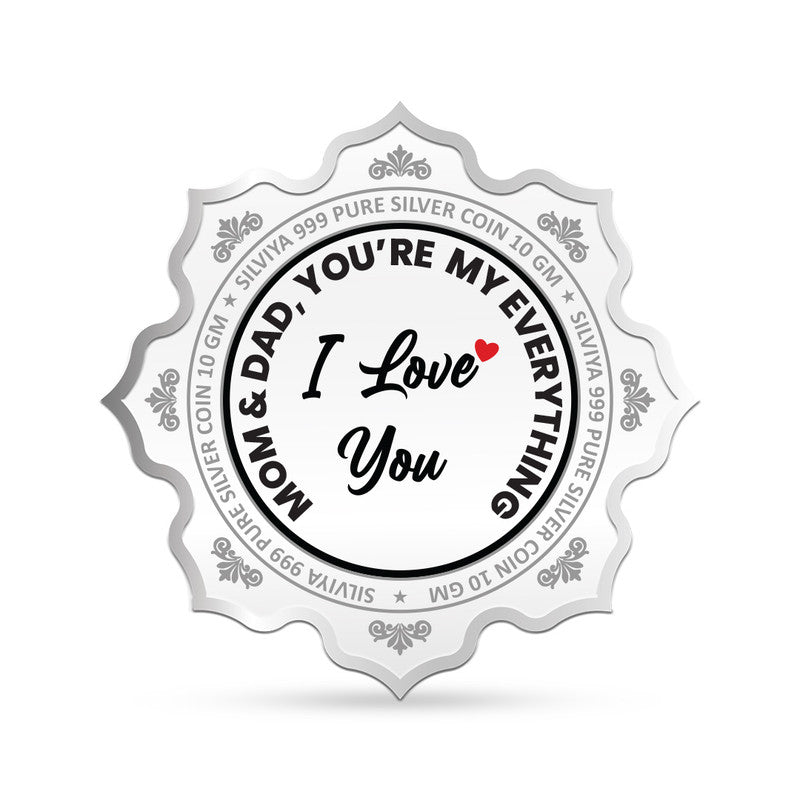 Backside view of lotus-shaped 999 pure silver Best Mom and Dad coin with polished finish