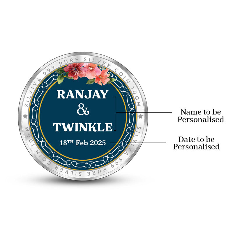 Back side of personalized 999 pure silver round coin with wedding message and heart symbol.