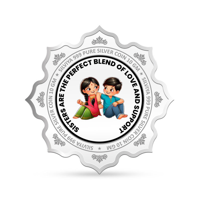 Rakhi Gift 999 Pure Silver Coin Brother Sister Design front backside