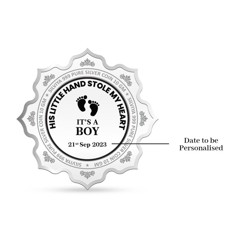Backside view of lotus-shaped 999 pure silver baby boy keepsake coin with polished finish.