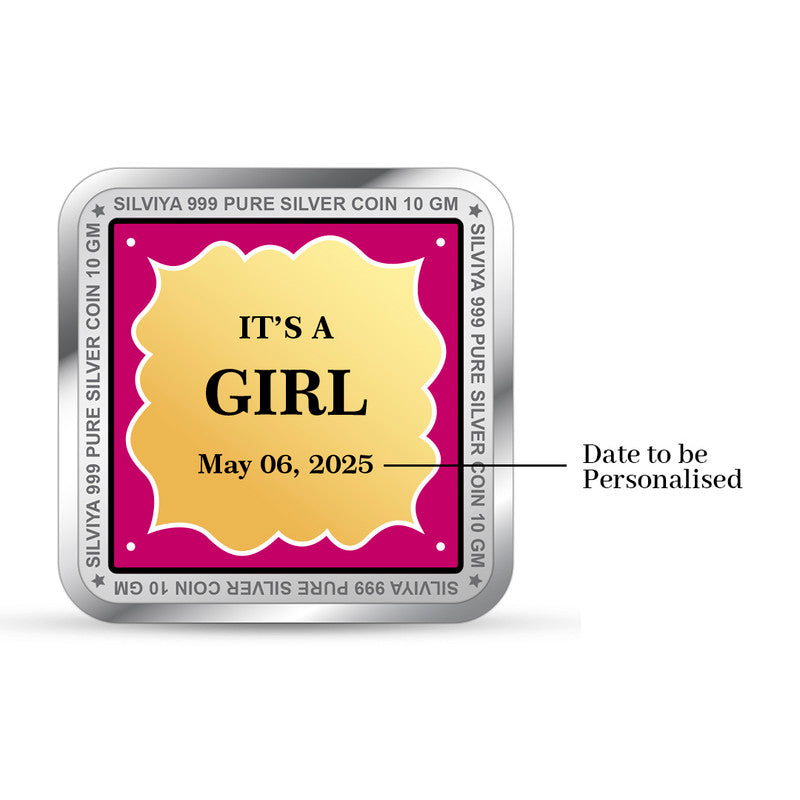 Backside view of square 999 pure silver baby girl keepsake coin with polished finish.