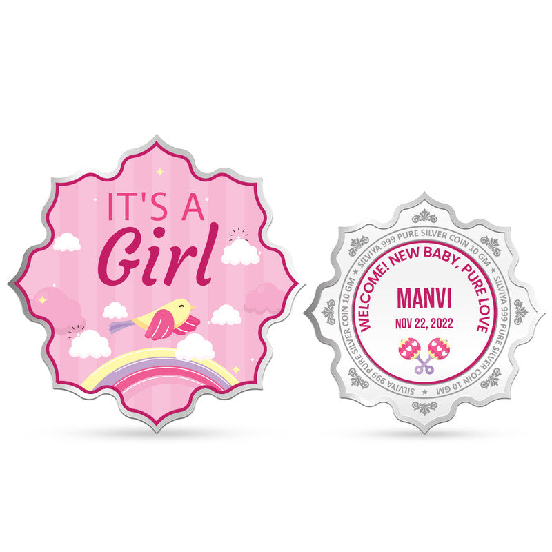 Front and backside of lotus-shaped 999 pure silver customised new born baby girl coin.