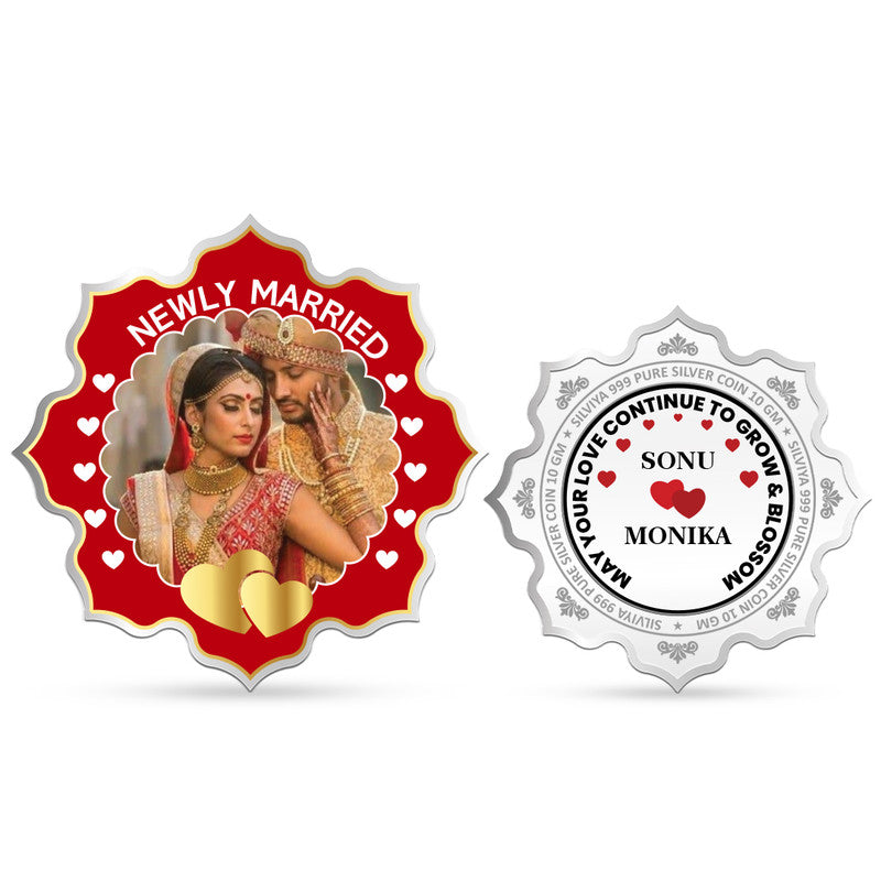 Forever in Silver customized 999 pure silver lotus-shaped wedding coin with couple photo — premium personalized gift.