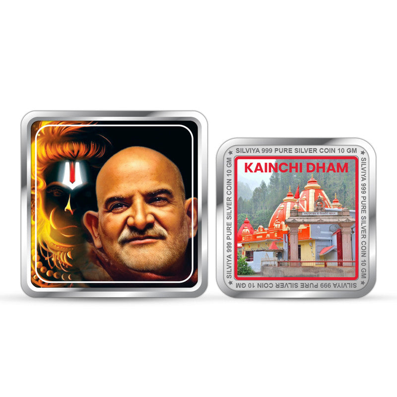 Baba Neeb Karori Kainchi Dham 999 Pure Silver Square Coin – Front and Back View