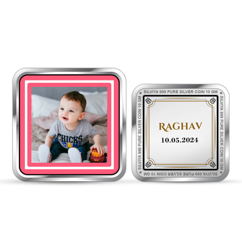 Front and backside of square 999 pure silver Welcome Baby keepsake coin.