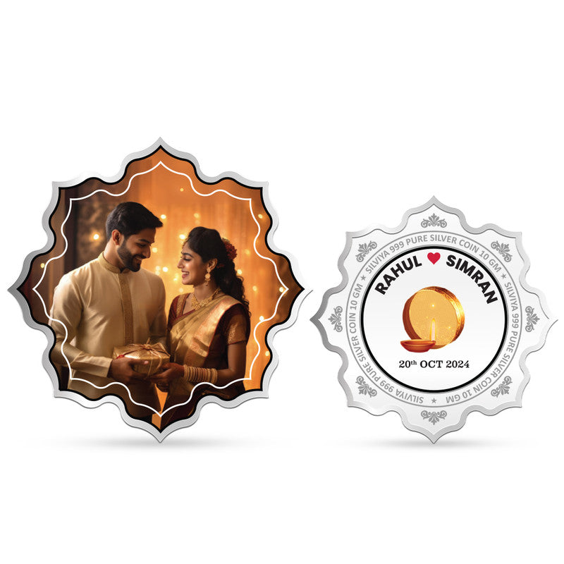 Karva Chauth Special Customized 999 Pure Silver Coin with Lotus Design and Couple Photo