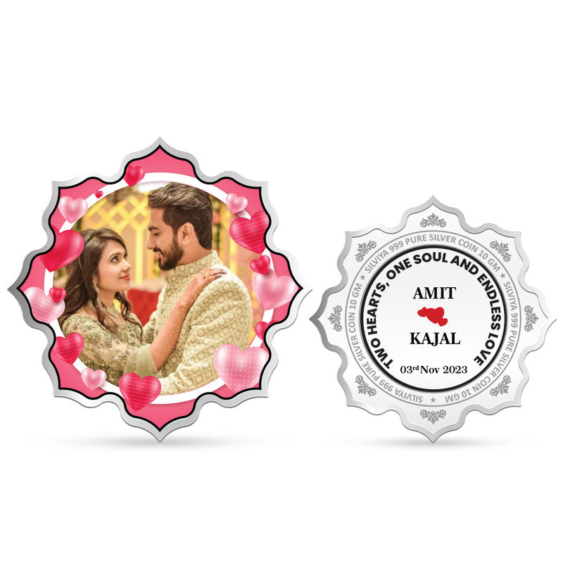 Mark the Moment 999 pure silver lotus-shaped wedding gift coin with personalized couple photo — premium keepsake by Silviya.