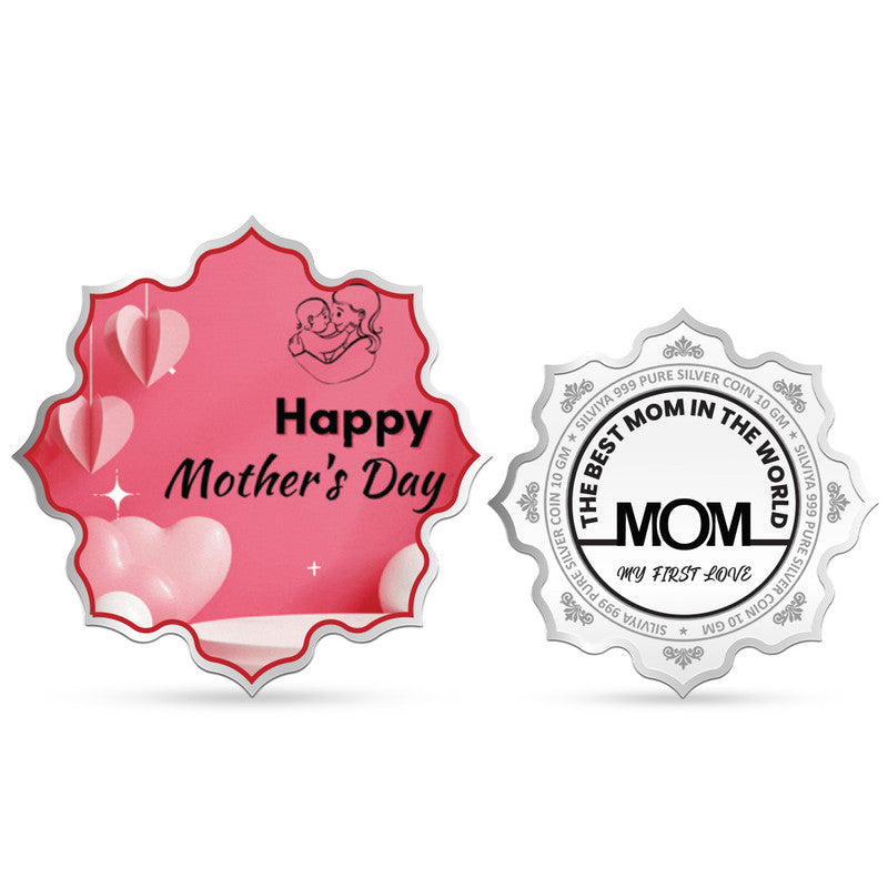 Front and backside of lotus-shaped 999 pure silver Happy Mother’s Day gift coin.
