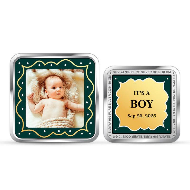 Front and backside of square 999 pure silver memorable keepsake baby boy coin.