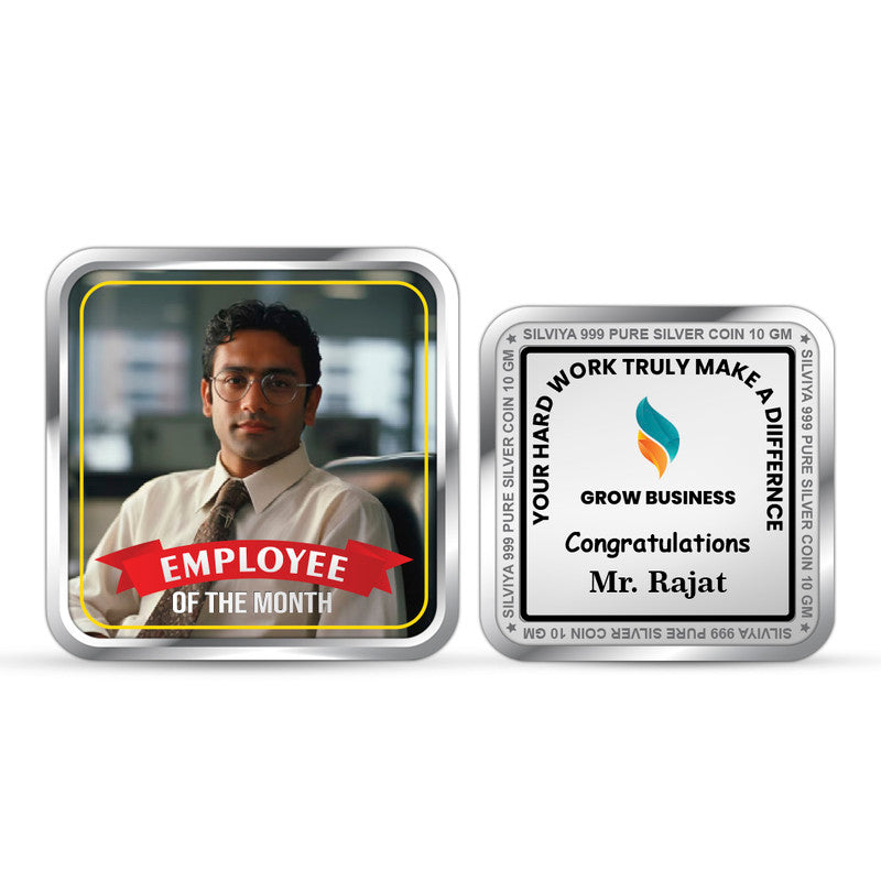 Front and backside of square 999 pure silver personalised best employee coin.
