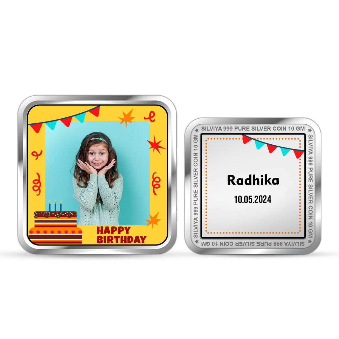 Front and backside of square 999 pure silver unique birthday memory coin.