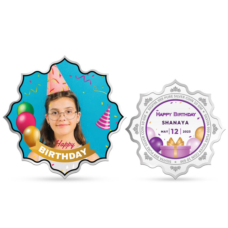 Front and backside of lotus-shaped 999 pure silver customised birthday treasure coin.