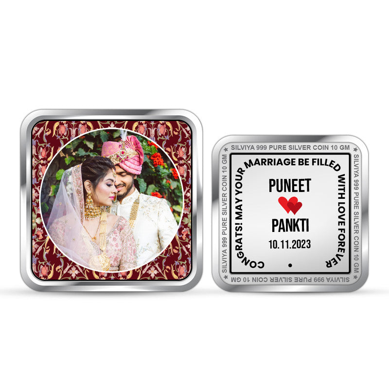 Personalized 999 pure silver square coin with wedding couple photo — unique wedding gift by Silviya.