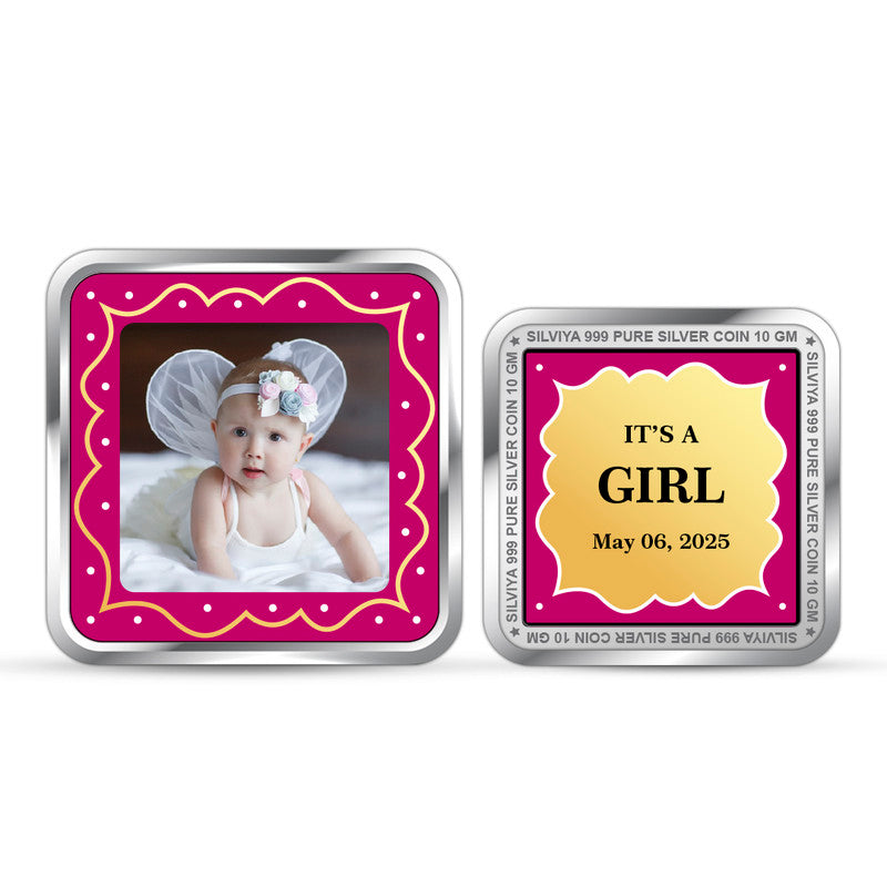 Front and backside of square 999 pure silver memorable keepsake baby girl coin.