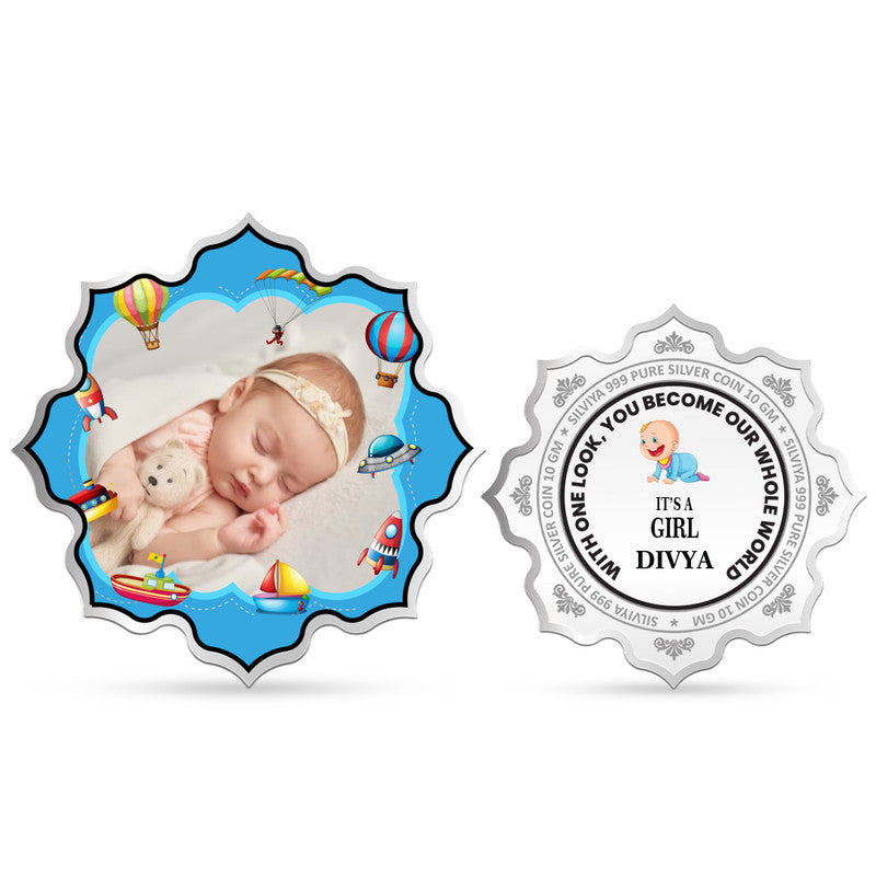 Front and backside of lotus-shaped 999 pure silver customised new born baby boy coin.