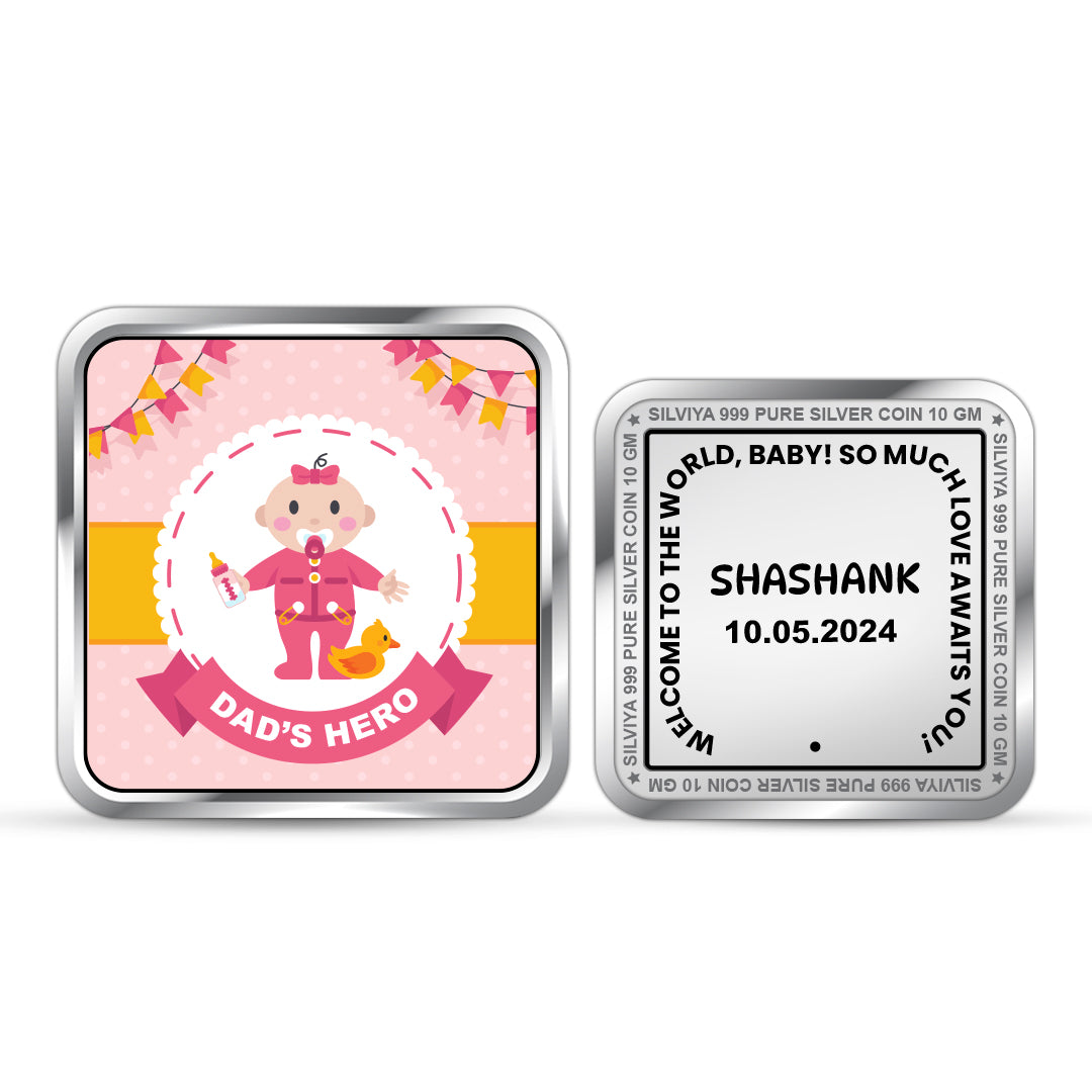Front and backside of square 999 pure silver personalised new born baby boy coin.