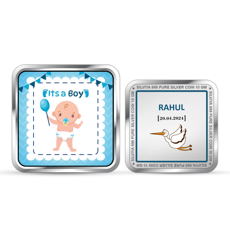 Front and backside of square 999 pure silver precious keepsake baby boy coin.