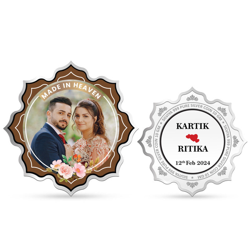 Celebrate Wedding customized 999 pure silver lotus-shaped coin with couple photo — premium personalized wedding gift by Silviya