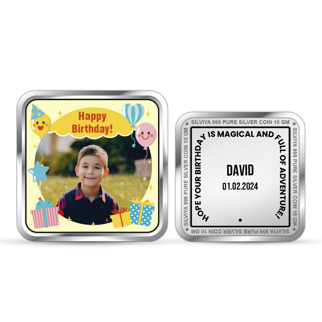 Front and backside of square 999 pure silver personalised birthday star coin.