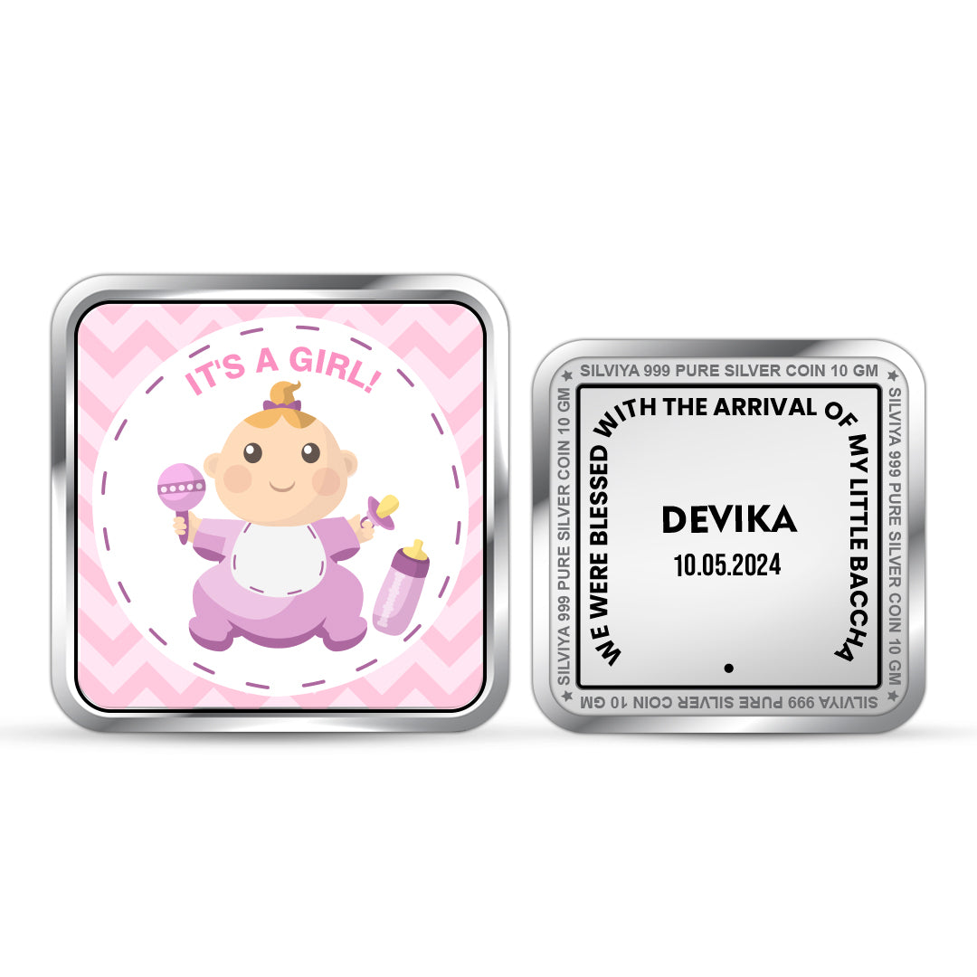 Front and backside of square 999 pure silver personalised new born baby girl coin