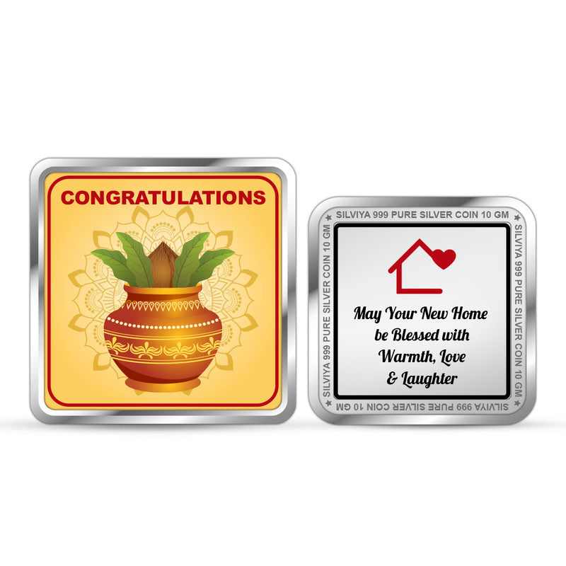 Front and backside of square 999 pure silver house inauguration coin.