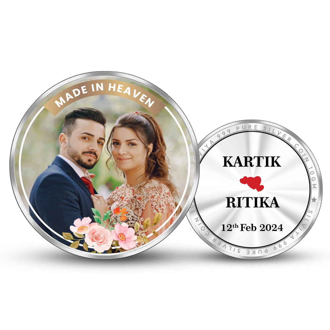 Celebrate Love personalized 999 pure silver round wedding coin with couple photo — premium custom gift by Silviya.