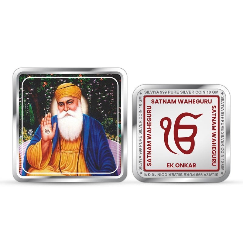 Wahe Guru Nanak Dev Ji 999 Pure Silver Square Coin – Front and Back View