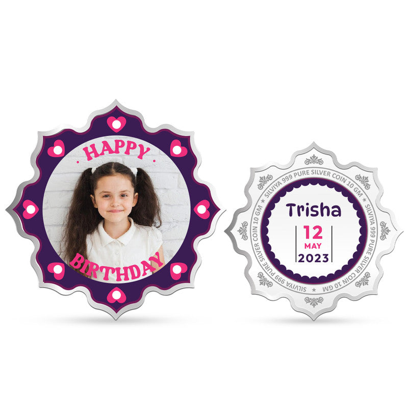 Front and backside of lotus-shaped 999 pure silver birthday treasure coin.