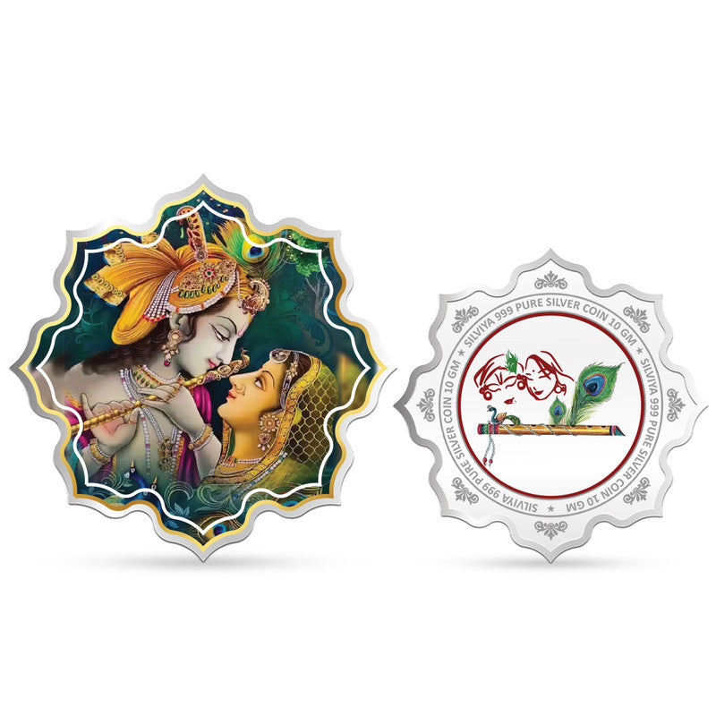 Radha Krishna Mor Pankh 999 Pure Silver Coin Lotus Shape